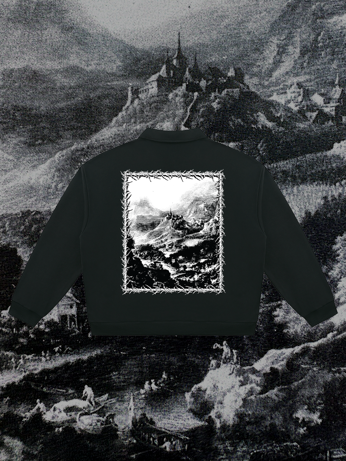NOSFERATU'S CASTLE COLLARED CREWNECK IN DARKEST BLACK
