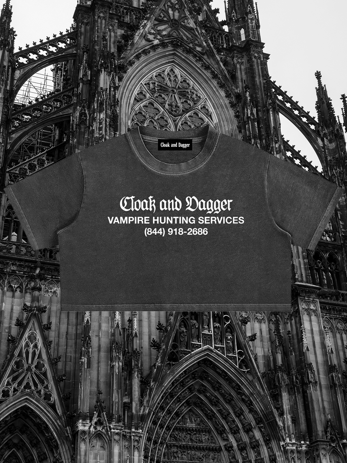 VAMPIRE HUNTER CROPPED TEE IN DARK WAVES